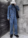 Jinquedai Fashion Mens One Piece Jumpsuit Long Sleeve Multi Pockets Cargo Pants Hip Hop Men Spring Autumn Overalls Vintage Denim Jumpsuit