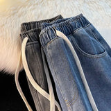 Jinquedai Autumn and Winter Padded and Thickened Jeans Men's Loose Straight Elastic Waist Wide-leg Trousers Casual Trousers jinquedai