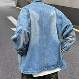 Jinquedai Washed Stand Collar Denim Jacket Men Fashion Street Japanese Harajuku Zipper Cowboy Cardigan Retro Trendy Loose Spring Coats jinquedai