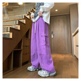 Jinquedai Multi-Pocket Washed Cargo Pants Men Women Y2K Vintage Streetwear Loose Oversized Straight Wide-Leg Jeans Dark Green/Purple jinquedai