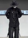 Techwear Shirts Men Darkwear Hip Hop Blouses Punk Black Long Sleeve Button Up Male Zipper Harajuku Japanese Streetwear jinquedai