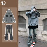 Jinquedai Men Y2k Two Piece Spring Autumn High Street Male Casual Suit Big Pocket Patchwork Denim Hoodie+ Hip Hop Trendy Jeans Set jinquedai