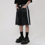 Jinquedai Side Striped Ripped Denim Shorts Trend Fashion Tassel Black Jeans Pants Men Summer Casual Streetwear Unisex Hip Hop Y2K Shorts jinquedai