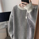 Jinquedai  Striped Knitted Sweater Coat Men Japanese Oversize Casual Autumn Winter Loose O-neck Pullovers for Man Street wear jinquedai