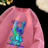 Jinquedai Retro Washed Old Men's Sweatshirt Dark Mechanical Rabbit Print Crew Neck Pullover Sweatshirts Tide Oversize Long-sleeved jinquedai