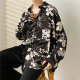 Jinquedai Spring Black Long-sleeved Shirt Men Fashion Society Mens Dress Shirt Korean Loose Casual Flower Shirt Mens Print Shirt M-3XL jinquedai