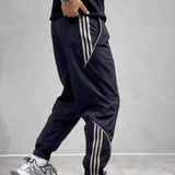 Jinquedai 2024 Summer New Men's Ice Shreds Trousers Contrast Color Spliced Elastic Drawstring Loose Trendy Striped Sweatpants Pants jinquedai