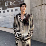 Jinquedai spring summer fashion trend stripe contrast color satin shoulder pad shirt men's suit straight wide leg pants two-piece set