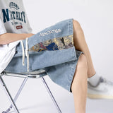 Jinquedai Denim Shorts Men's Trendy Streetwear Washed Shorts Side Embroidery Patchwork Jeans Shorts Casual Track Pants jinquedai