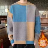 Jinquedai Round Neck Sweater Men's Autumn and Winter New Trend Loose Thick Warm Base Knitted Sweater Handsome Color Blocked Sweater jinquedai