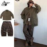 Jinquedai Retro Harajuku Set Men High Street Spring Autumn Bomber Jacket Loose Casual Long-sleeved Shirt Wide-leg Cargo Pants Three-piece jinquedai