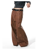 Jinquedai Spring Autumn Long Loose Casual Brown Pu Leather Pants Men Wide Leg LUxury Designer Unisex Trousers Fashions jinquedai