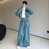 Washed Old Silhouette Denim Two Pieces Set Solid Color Men Short Zipper Jacket Straight Wide Leg Pants Korean Tide jinquedai