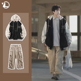 Jinquedai Japanese Casual Men 2-piece College Letter Printed Hooded Jacket+oversized Multi Pocket Wide Leg Pants Set Fashion Couple Suits jinquedai