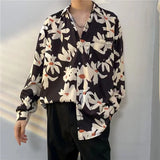 Jinquedai Korean Version Mens Vintage Long Sleeve Dress Shirt Trend Couple Hawaiian Loose Flower Print Blouses Shirt Mens Designer Clothes jinquedai