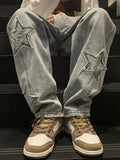 Y2K Star Embroidery Casual Men Jeans Gothic Neutral Wide Leg Denim Trousers Male Loose Hip-hop Fashion Youth Streetwear jinquedai