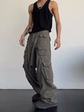 High street retro casual large pocket overalls men's and women's new summer high waist loose straight tube draped wide leg pants jinquedai