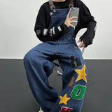 Jinquedai Y2K Retro Street Men Denim Overalls American Hip-hop Letter Embroidered Cowboy Jumpsuit Loose Wide Leg Suspender Pants Unisex jinquedai