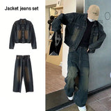 Two Piece Set/single Piece Spring Autumn Jackets Jeans Tracksuit Trendy Vintage Loose Washed Old Jeans Set Male Street Outerwear jinquedai