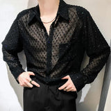 Jinquedai Men Sexy Mesh See-Through Long-Sleeved Shirt Autumn Genderless Fashion Youth Nightclub Shiny Breathable Performance Top Unisex jinquedai