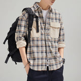 Jinquedai Harajuku Men Corduroy Plaid Shirts Fashion Lapel Button Up Tops Male Patchwork Chest Pocket Long Sleeve Cargo Shirt Jackets jinquedai