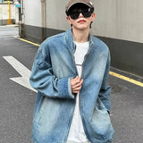 Jinquedai Washed Stand Collar Denim Jacket Men Fashion Street Japanese Harajuku Zipper Cowboy Cardigan Retro Trendy Loose Spring Coats jinquedai