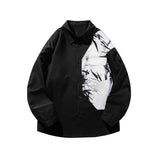 Jinquedai Men's Printed Shirt Asian Casual Ink Painting New Fall Long Sleeved Lapel Shirt Black And White Color Clash Shirt Jacket jinquedai