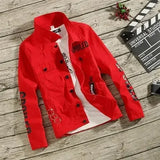 Jinquedai Jeans Coat for Men Casual Slim Short Denim Jackets Man with Hole Print Ripped Red Cheap Price Stylish of Fabric Worn Big Size G jinquedai