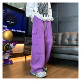 Jinquedai Multi-Pocket Washed Cargo Pants Men Women Y2K Vintage Streetwear Loose Oversized Straight Wide-Leg Jeans Dark Green/Purple jinquedai