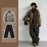 Jinquedai Aviator Hunting Suit Men Street Trend Lapel Multi-pocket Jacket+Retro Khaki Wide Leg Pants 2-pcs Motorcycle Punk Men Set jinquedai