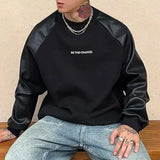 Jinquedai Men Y2k Contrast Pu Leather Raglan Sleeves  Sweatshirt Autumn And Winter Genderless Casual Loose Splicing Sweatshirt Unisex jinquedai