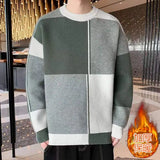 Jinquedai Round Neck Sweater Men's Autumn and Winter New Trend Loose Thick Warm Base Knitted Sweater Handsome Color Blocked Sweater jinquedai