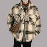 Jinquedai Vintage Woolen Jacket for Men Casual Loose Fitting Shirt Plaid Bomber Jacket Autumn Korea Styles Couple Woolen Jacket and Coat jinquedai