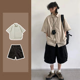 Jinquedai Korean High Street Men Sets Solid Retro Short Sleeved Shirt+Multiple Pockets Tooling Shorts Suit Summer Trend Two-piece Set jinquedai