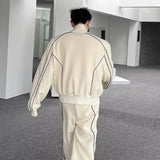 Jinquedai Japanese Atmosphere Outfit Casual Sports Suit for Men Korean Style Spliced Reflective Jacket Loose Stripes Wide-leg Sweatpants jinquedai