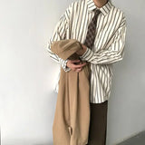 Jinquedai Men Vintage Set Spring Autumn Couple Casual Suits New Stripe Loose Long Sleeve Shirt+High Street Wide Leg Pants Two Piece Set jinquedai