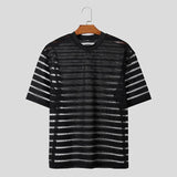 Jinquedai  Men T Shirt Mesh Striped O-neck Short Sleeve Transparent Men Clothing Streetwear Sexy Korean Fashion Tee Tops S-5XL jinquedai