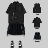 Techwear Men's Shorts Set Tank Top Men Cargo Punk Rave Vest Male Shirt Streetwear Hip Hop Hippie Men Clothing Pockets jinquedai