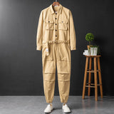 Jinquedai Jumpsuit Men's Lapel Long Sleeve Multi-Pocket Khaki Overalls 2022 New Fashion Yellow Cargo Pants Workwear Male Clothing jinquedai