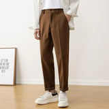 Jinquedai Khaki Slim Fit Trousers for Men Brown Tressed Man Suits Pants Cheap Summer New in Dress Work Wear Elegant Clothes Offer Up jinquedai