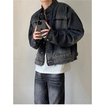 Jinquedai Men Hip-hop Denim Jacket Gradient Rough Edge Shoulder Pads Cowboy Coat Single Breasted Short Fashion Casual Men Outwear New jinquedai