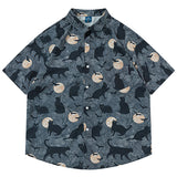 Jinquedai 2024 Men's Shirts Moon Cat Printed Shirts Top Summer Loose Short Sleeve Button Up Blouse Loose Oversized Harajuku Hip Hop Shirts jinquedai