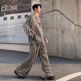 Jinquedai spring summer fashion trend stripe contrast color satin shoulder pad shirt men's suit straight wide leg pants two-piece set jinquedai