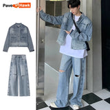 Jinquedai Autumn Denim Set Men Denim Jacket +Wide Leg Straight Jeans Casual Loose Solid Color Korean Style Street Stand Collar 2pcs Suit jinquedai