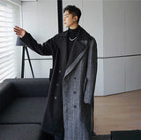 Jinquedai  Autumn Winter Fashion Color Block Patchwork Medium Long Woolen Coat Men's Loose Trend Bandge Long Coat With Belt jinquedai