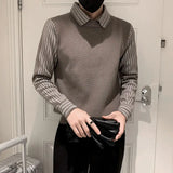 Jinquedai Men's Clothing Autumn Winter Contrast Color Striped Long Sleeve Turn-down Collar Pullover Sweater Knitted Fake Two Pieces Tops jinquedai