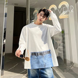 Jinquedai Korean Street fashion Spring Casual Men Personality Jeans Print Long Sleeve T-shirts Sweatshirt Patchwork Loose Sweatshirts jinquedai