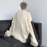 American Niche Irregular Design Sweater Men Fake Two Piece Pullover Fur Top Contrast Color Male Tops Fashion jinquedai