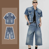 Jinquedai High Street Denim Set Men Pockets Shoulder Pad Cowboy Shirt+Wash Wide Leg Seven Point Jeans 2-pcs Summer Hip Hop Motorcycle Suit jinquedai