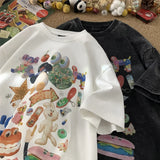 Jinquedai Retro Fun Colorful Printed Loose T-Shirt Washed Short Sleeve Harajuku Cartoon Printed Couple's T-shirt Ins Trend Tees jinquedai